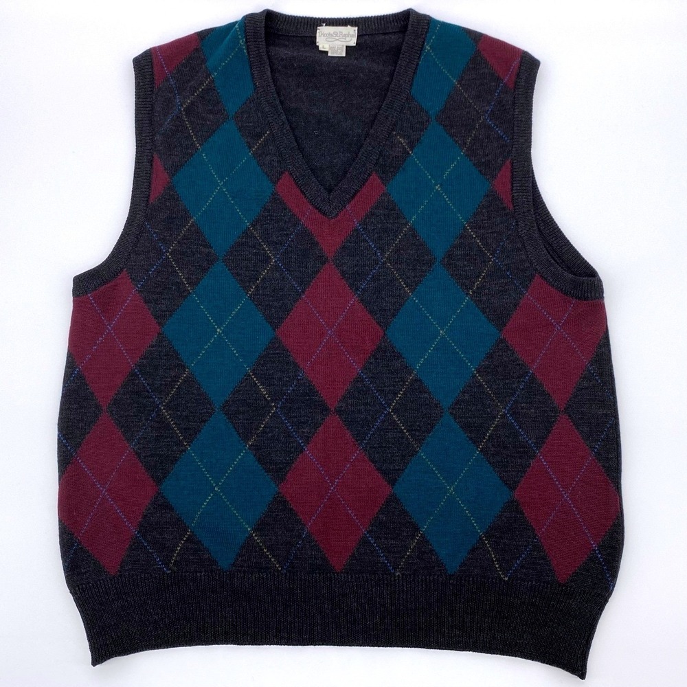 Vintage Tricots St Raphael Wool Vest Mens‎ Large Argyle Black Sweater Vest Heavy